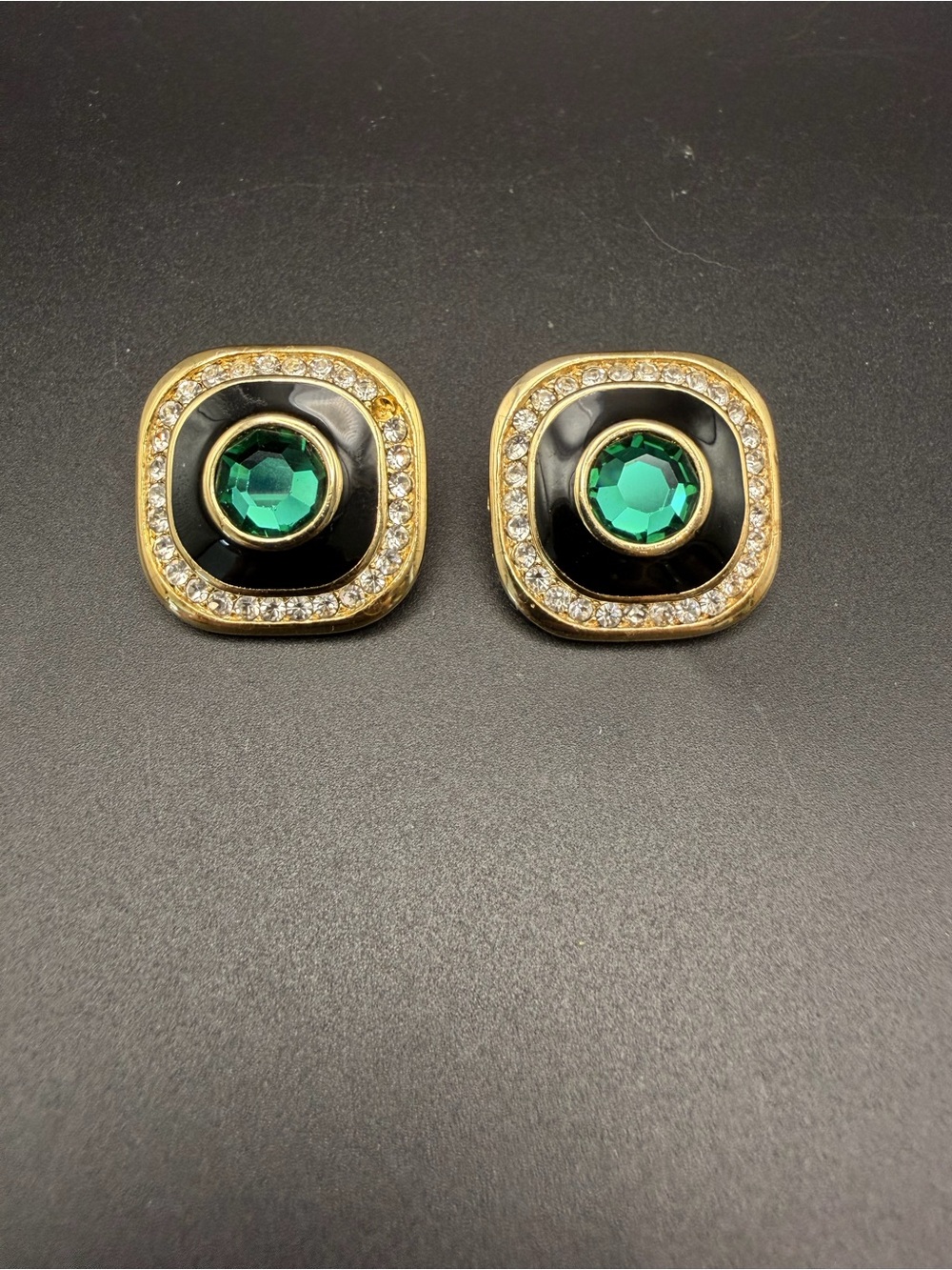 Gold-Tone Black Enamel and Emerald Rhinestone pierced earrings